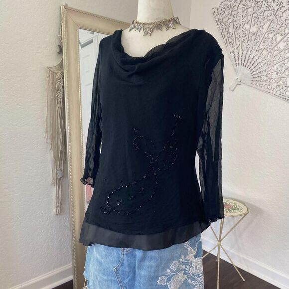 Vintage 90s Whimsygoth Asymmetric Black Beaded Silk 3/4 Sleeve Blouse L - Picture 3 of 8